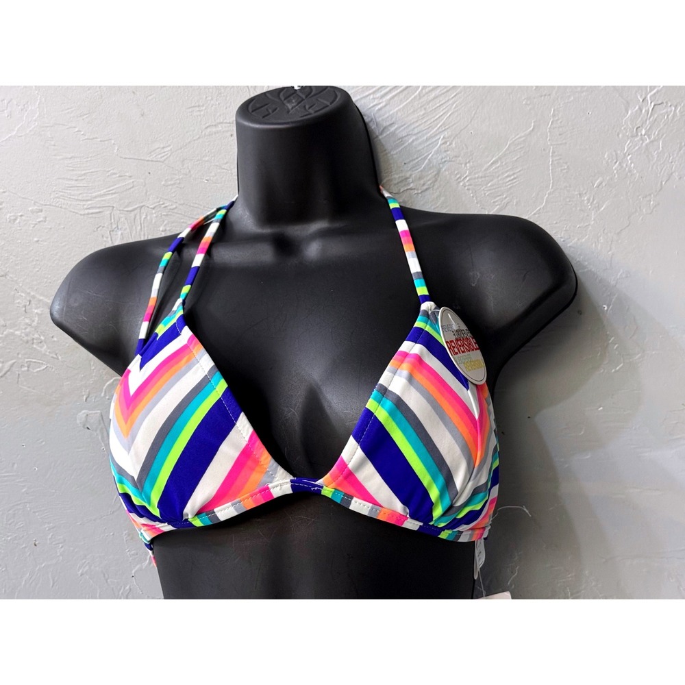 Hula Honey Reversible Triangle Bikini Top Multi Chevron Stripe Blue Large NWT L